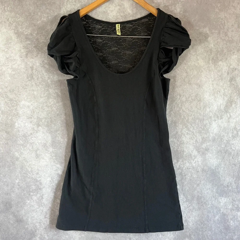 Free People Top Women Medium Black Lace Back Puff Sleeve Scoop Neck OB32054